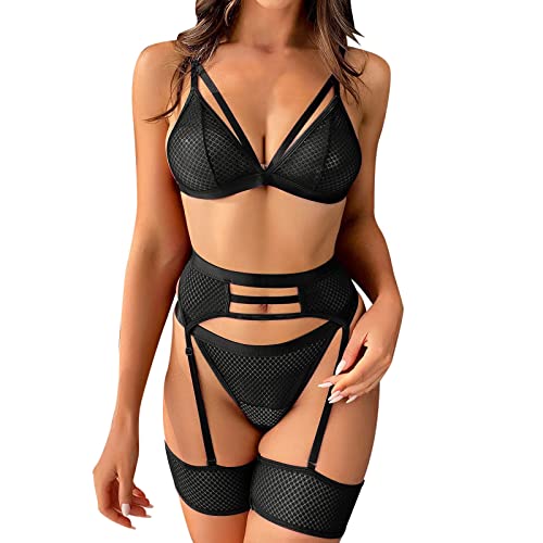 Sizoer Damen Strapsen Dessous Set Sexy 4-Teilige Dessous Mit Strumpfband Push Up BH Und Panty Set Damen Ungefüttert Bralette Nachtwäsche Erotik Curvy Sexy Schlafanzug Reizwäsche Dessous Set von Sizoer