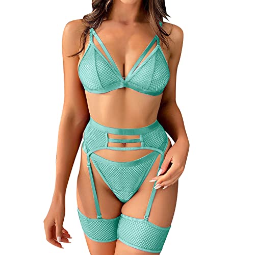 Sizoer Damen Strapsen Dessous Set Sexy 4-Teilige Dessous Mit Strumpfband Push Up BH Und Panty Set Damen Ungefüttert Bralette Nachtwäsche Erotik Curvy Sexy Schlafanzug Reizwäsche Dessous Set von Sizoer