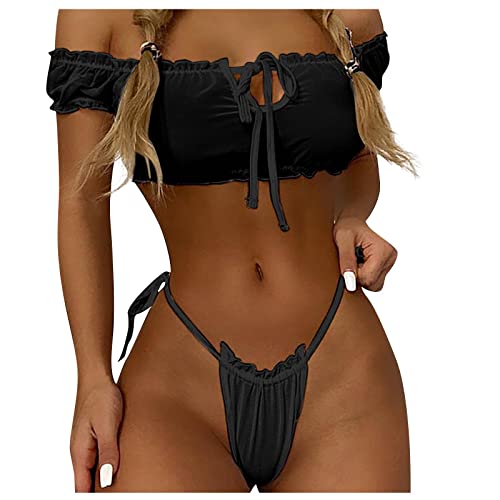 Sizoer Desouses Damen Set Mit Panty Und BH Brustfreier Sexy Reizwäsche Für Sex BH Und Slip Unterwäsche Set Höhe Taille Reizwäsche Tanga Dessous-Set Strapsen Dessous Set Mit Strümpfen Schwarz L von Sizoer