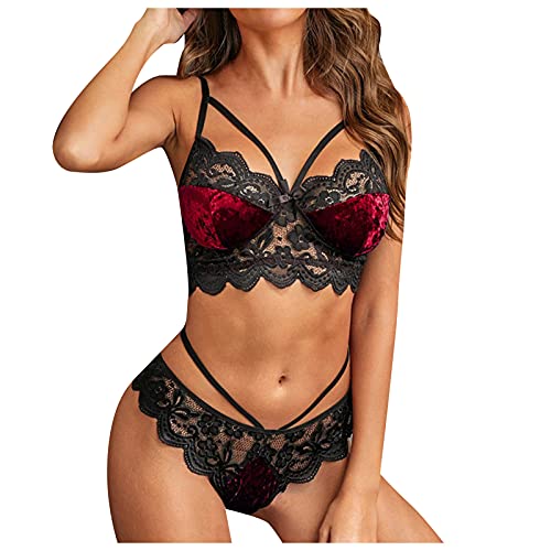 Sizoer Dessous Damen Sexy Kostüme Spitze Unterwäsche Set Frauen Tanga Strapse Babydoll Pyjama Clubwear Dessous Set Starker Halt 2 Stück BH Und Höschen Set Riemchen Babydoll Nachtwäsche von Sizoer