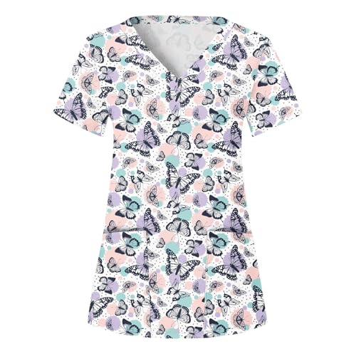 Sizoer Kasack Damen Pflege Berufskleidung Kurzarm V-Ausschnitt Schlupfkasack Muster Schlupfhemd Mit Taschen Krankenschwester Blusen von Sizoer