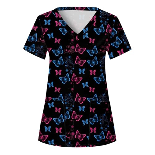 Sizoer Kasack Damen Pflege Berufskleidung Kurzarm V-Ausschnitt Schlupfkasack Muster Schlupfhemd Mit Taschen Krankenschwester Blusen von Sizoer