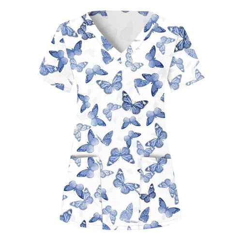 Sizoer Kasack Damen Pflege Berufskleidung Kurzarm V-Ausschnitt Schlupfkasack Muster Schlupfhemd Mit Taschen Krankenschwester Blusen von Sizoer