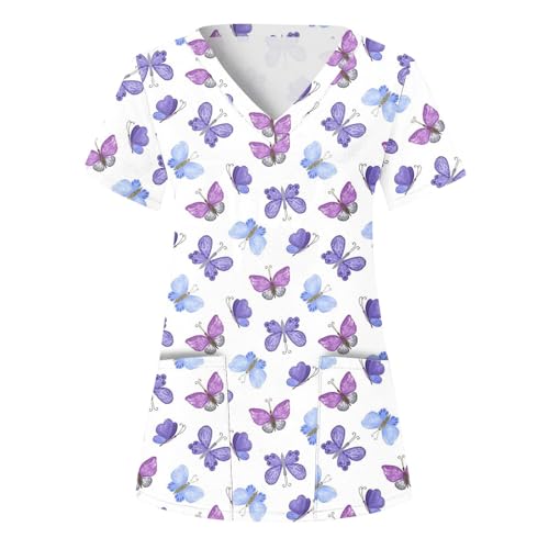 Sizoer Kasack Damen Pflege Berufskleidung Kurzarm V-Ausschnitt Schlupfkasack Muster Schlupfhemd Mit Taschen Krankenschwester Blusen von Sizoer