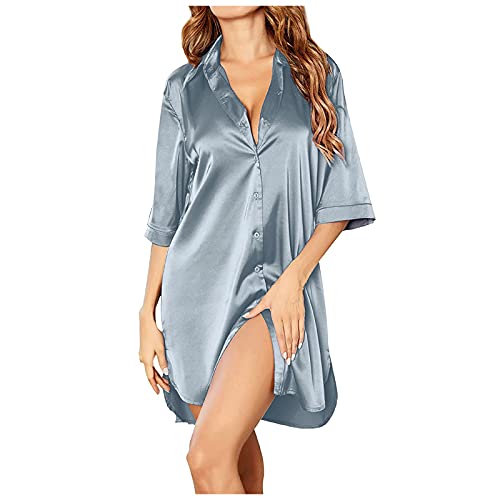 Sizoer Negligee Damen Sexy Babydoll Kurz Satin Nachthemd Mit Knöpfe V-Ausschnitt Nachtwäsche Sleepwear 3/4 Ärmel Nachthemd Nachtwäsche Mit Knöpfen Leichtgewichts Nachtwäsche Für Lounge S-XXL von Sizoer