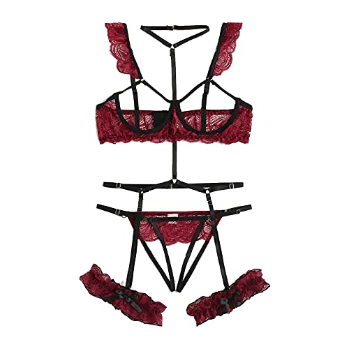 Sizoer Strapsen Dessous Set Mit Strümpfen Offener Schritt Spitze Brustfreier BH Und Panty Für Frauen Riemchen Unterbrust BH Und Ouvert-String Tanga Mit Strumpfhalter Reizwäsche Damen Set von Sizoer