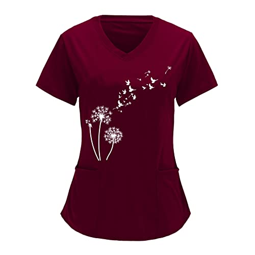 Sizoer T Shirt Kasacks Damen Pflege Bunt Löwenzahn Gedruckt Schlupfkasack Damen Pflege Große Größe Kurzarm V-Ausschnitt Kasaks Altenpflege Damen Mit Taschen Kasack Damen Pflege von Sizoer