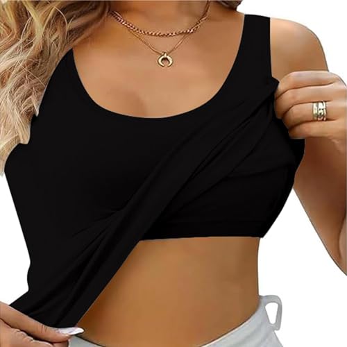 Top Damen mit Integriertem BH Baumwolle Sport Tank Top Verstellbare Breitere Underwear Hemdchen Rundhalsausschnitt Yoga Bottoming Underwear Eingebauter Sommer Gepolstert Tops Basic Tanktops von Sizoer