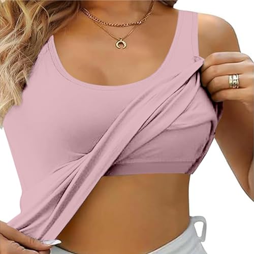 Top Damen mit Integriertem BH Baumwolle Sport Tank Top Verstellbare Breitere Underwear Hemdchen Rundhalsausschnitt Yoga Bottoming Underwear Eingebauter Sommer Gepolstert Tops Basic Tanktops von Sizoer