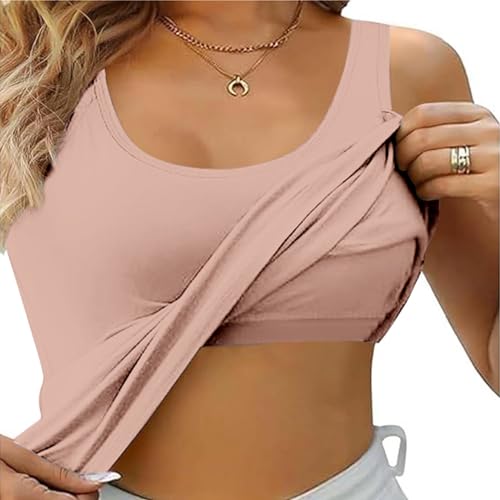 Top Damen mit Integriertem BH Baumwolle Sport Tank Top Verstellbare Breitere Underwear Hemdchen Rundhalsausschnitt Yoga Bottoming Underwear Eingebauter Sommer Gepolstert Tops Basic Tanktops von Sizoer