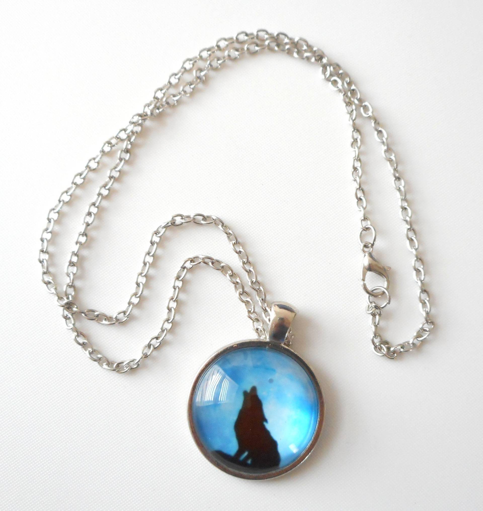 Glas Cab Wolf Silber Ton Runde Tag Anhänger Handgemachte Kette Halskette von Sjewelry4u