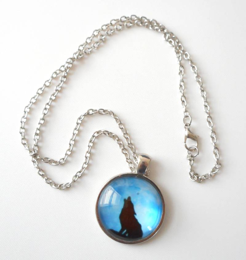 Glas Cab Wolf Silber Ton Runde Tag Anhänger Handgemachte Kette Halskette von Sjewelry4u