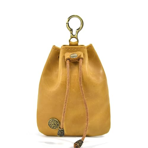 1 x Mini-Tasche aus Leder, mittelalterlicher Schlüsselanhänger, kleine Ledertasche mit Kordelzug, Kleingeldhalter, Leder-Kordelzugtasche für Damen und Herren, Braun-Gelb, Münzgeldbörse von Sjhfsjrf