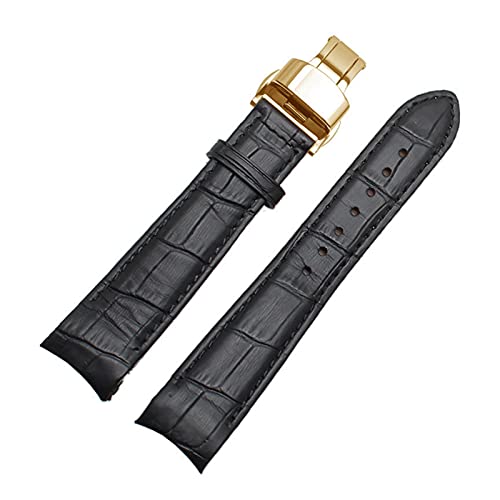 Sjzwt Uhrenarmbänder - Curved End Herren Uhrenarmband-Bügel-echtes Leder mit Faltschließe 20mm, 21mm, 22mm, Schwarzes Gold, 20mm von Sjzwt