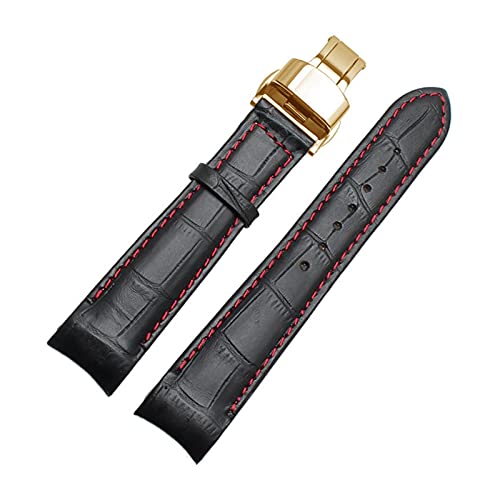 Uhrenarmbänder - Curved End Herren Uhrenarmband-Bügel-echtes Leder mit Faltschließe 20mm, 21mm, 22mm, Schwarz Rot Gold, 22mm von Sjzwt