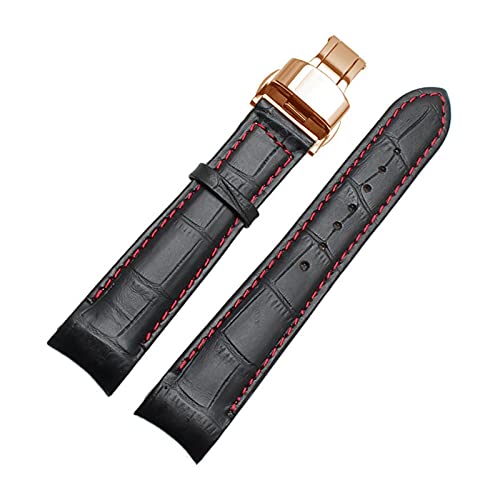 Uhrenarmbänder - Curved End Herren Uhrenarmband-Bügel-echtes Leder mit Faltschließe 20mm, 21mm, 22mm, Schwarz Rot Rose Gold, 22mm von Sjzwt