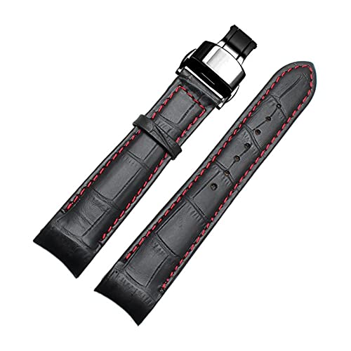 Uhrenarmbänder - Curved End Herren Uhrenarmband-Bügel-echtes Leder mit Faltschließe 20mm, 21mm, 22mm, Schwarz Rot Schwarz, 20mm von Sjzwt