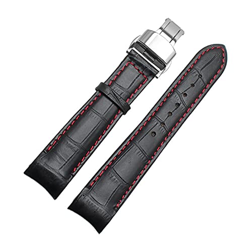 Uhrenarmbänder - Curved End Herren Uhrenarmband-Bügel-echtes Leder mit Faltschließe 20mm, 21mm, 22mm, Schwarz Rot Silber, 21mm von Sjzwt