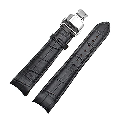 Uhrenarmbänder - Curved End Herren Uhrenarmband-Bügel-echtes Leder mit Faltschließe 20mm, 21mm, 22mm, Schwarzes Silber, 22mm von Sjzwt