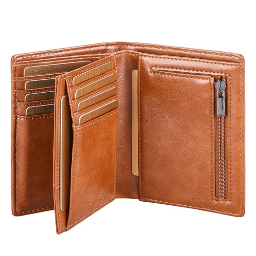SkaTtesKai Geldbörse Herren Leder mit RFID Schutz Portemonnaie Groß mit Münzfach 13 Fächer Echtleder Geldbeutel für Männer Und Damen Brieftasche Wallet Portmonee，Retro-Braun von SkaTtesKai