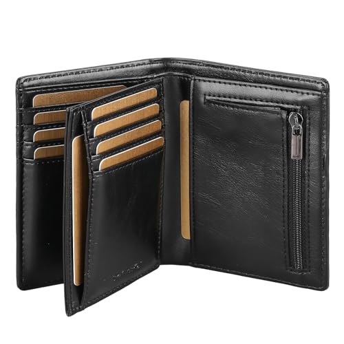 SkaTtesKai Geldbörse Herren Leder mit RFID Schutz Portemonnaie Groß mit Münzfach 13 Fächer Echtleder Geldbeutel für Männer Und Damen Brieftasche Wallet Portmonee（Retro-Schwarz） von SkaTtesKai