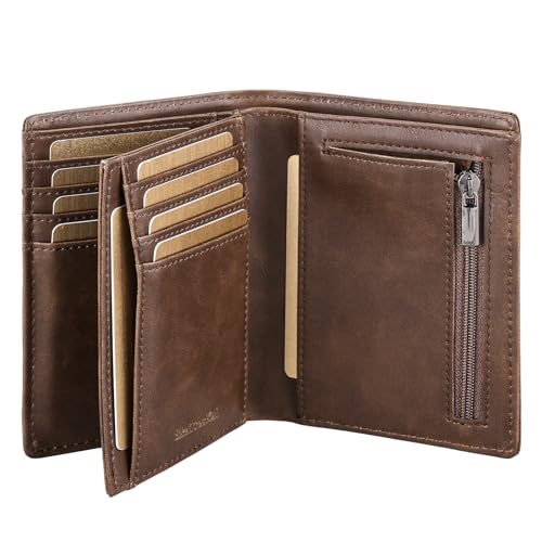 SkaTtesKai Geldbörse Herren Leder mit RFID Schutz Portemonnaie Groß mit Münzfach 13 Fächer Echtleder Geldbeutel für Männer Und Damen Brieftasche Wallet Portmonee，Textur Dunkelbraun von SkaTtesKai