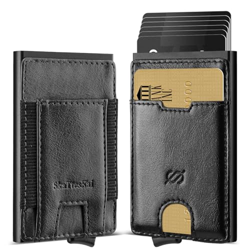 SkaTtesKai Pop Up Geldbörse Herren Klein mit RFID Schutz,Slim Wallet Kleiner,Mini Geldbeutel Herren,Kartenetui mit Münzfach-9 Karten,Smart Portmonee Herren Portemonnaie,Retro-Schwarz von SkaTtesKai
