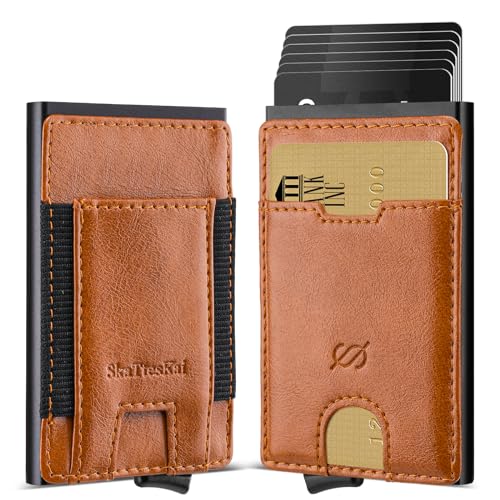 SkaTtesKai Pop Up Geldbörse Herren Klein mit RFID Schutz,Slim Wallet Kleiner,Mini Geldbeutel Herren ，Kartenetui mit Münzfach-9 Karten,Smart Portmonee Herren Portemonnaie,Retro-Hellbraun von SkaTtesKai