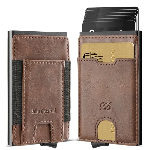 SkaTtesKai Pop Up Geldbörse Herren Klein mit RFID Schutz,Slim Wallet Kleiner,Mini Geldbeutel Herren ，Kartenetui mit Münzfach-9 Karten,Smart Portmonee Herren Portemonnaie,Textur Dunkelbraun von SkaTtesKai