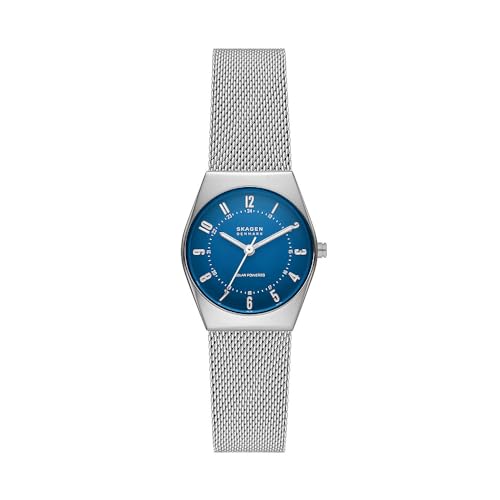 Skagen Grenen Uhr für Damen, Solarbetriebenes Uhrwerk mit Edelstahl- oder Lederarmband, Silberton und Blau, 26MM von Skagen