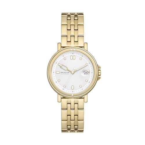 Skagen Signatur Uhr für Damen, Quarzwerk mit Edelstahl- oder Lederarmband, Goldton und Weiß, 34MM von Skagen