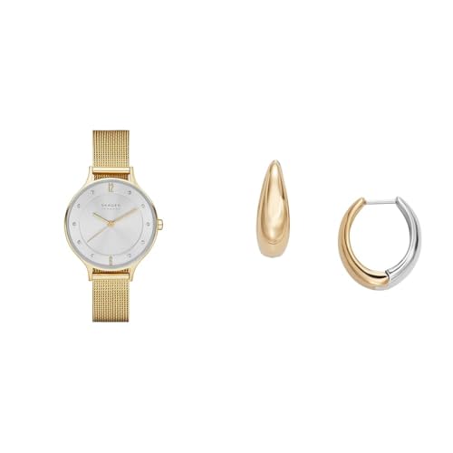 Skagen Damen Anita Lille Goldfarbene Edelstahl Uhr und Linje Modern Zweifarbige Edelstahl Ohrringe, Set von Skagen
