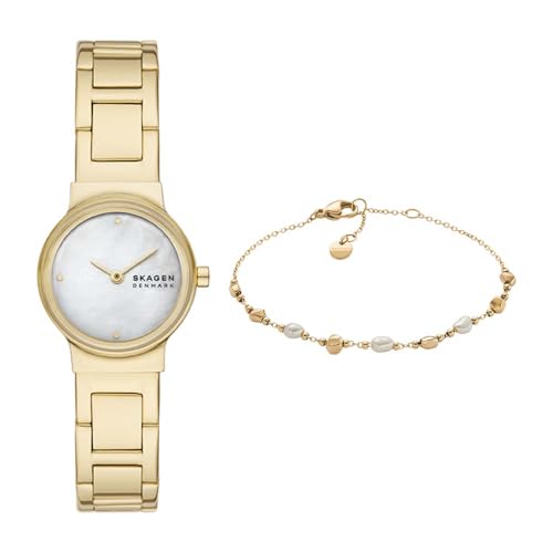 Skagen Damen Freja Lille Goldfarbener Edelstahl Uhr und Agnethe Perle Armband, Set Skagen Damen Freja Lille Goldfarbener Edelstahl Uhr und Agnethe Perle Armband, Set von Skagen