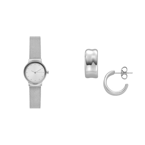Skagen Damen Freja Lille Silberfarbene Edelstahl Uhr und Anja Pebbles Ohrringe, Set von Skagen