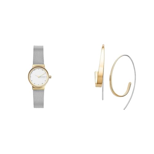 Skagen Damen Freja Lille Silberfarbene Edelstahl Uhr und Kariana Goldfarbene Ohrringe, Set Skagen Damen Freja Lille Silberfarbene Edelstahl Uhr und Kariana Goldfarbene Ohrringe, Set von Skagen