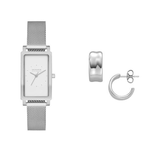 Skagen Damen Hagen Lille Silberfarbene Edelstahl Uhr und Anja Pebbles Ohrringe, Set von Skagen