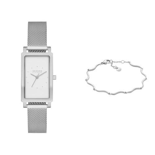 Skagen Damen Hagen Lille Silberfarbene Edelstahl Uhr und Essential Waves Armband, Set von Skagen