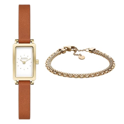 Skagen Damen Hagen Micro Braune Leder-Uhr und Merete Gold-Ton Edelstahl Armband, Set Skagen Damen Hagen Micro Braune Leder-Uhr und Merete Gold-Ton Edelstahl Armband, Set von Skagen
