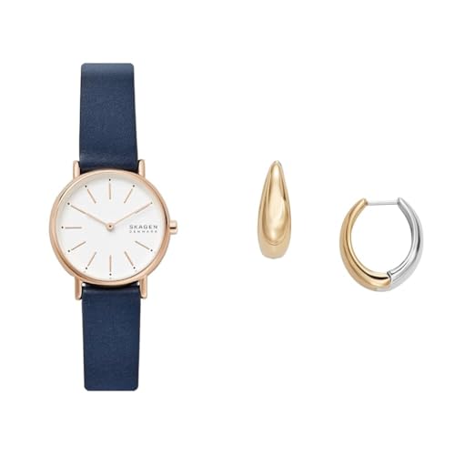 Skagen Damen Signatur Lille Blaue Lederuhr und Linje Modern Zweifarbige Edelstahl Ohrringe, Set Skagen Damen Signatur Lille Blaue Lederuhr und Linje Modern Zweifarbige Edelstahl Ohrringe, Set von Skagen