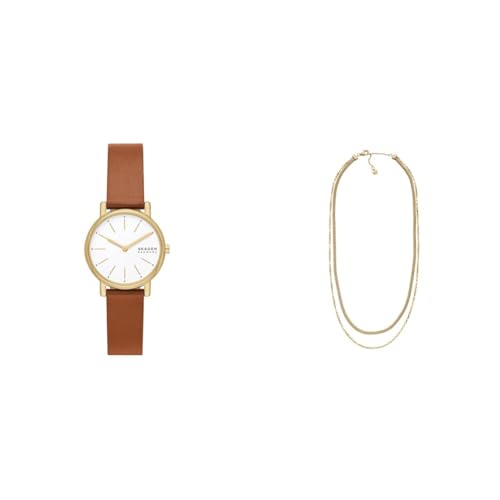 Skagen Damen Signatur Lille Braune Lederuhr und Merete Goldfarbener Edelstahl Halskette, Set von Skagen