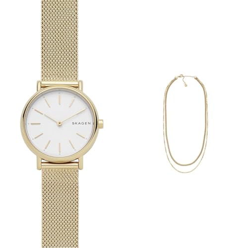 Skagen Damen Signatur Lille Goldfarbene Edelstahl Uhr und Merete Goldfarbener Halskette, Set von Skagen