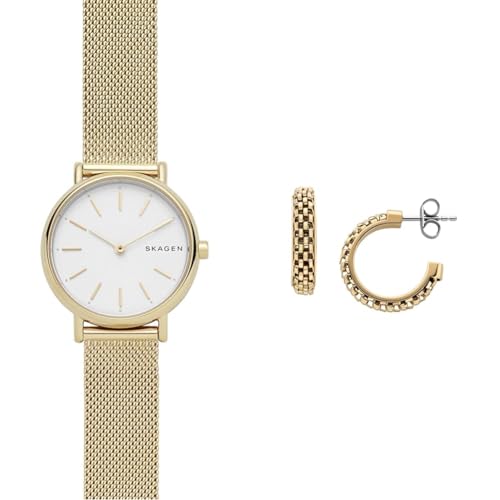 Skagen Damen Signatur Lille Goldfarbene Edelstahl Uhr und Merete Ohrringe, Set von Skagen