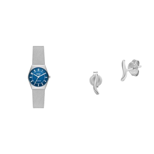 Skagen Damenuhr Grenen Lille Solar und Ohrringe Essential Waves, silberfarbener Edelstahl, Set von Skagen