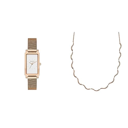 Skagen Hagen Damenuhr und Wellenketten-Halskette - DREI-Zeiger Uhrwerk, Rose-Tone Edelstahl von Skagen