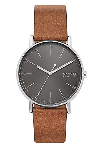 Skagen Herrenuhr Signatur, Dreizeiger Uhrwerk, 40mm Silbernes Edelstahlgehäuse mit Lederarmband, SKW6578 von Skagen