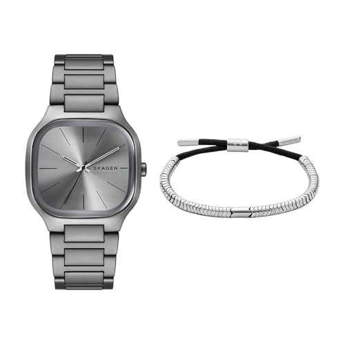 Skagen Herren Mellem Graue Edelstahl Uhr und Pelle-Armband Silberfarben, Set von Skagen