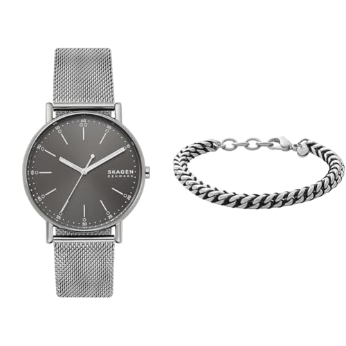 Skagen Herren Signatur Graue Edelstahl Uhr und Hulsten Silberfarbener Armband, Set von Skagen