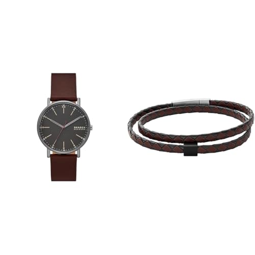 Skagen Herren Signatur Rote Lederuhr und Hulsten Silberfarbener Edelstahl Armband, Set von Skagen