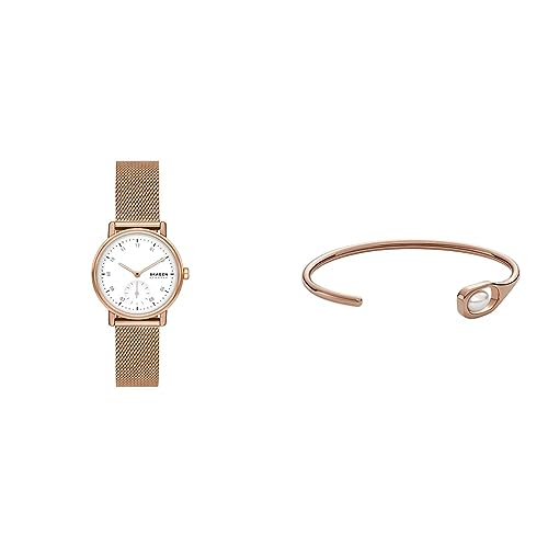 Skagen Kuppel Damenuhr und Agnethe Manschettenarmband - Lille Zweizeiger-Sub-Sekunde, Rose Gold Edelstahluhr und Agnethe Muschelperlenarmband von Skagen