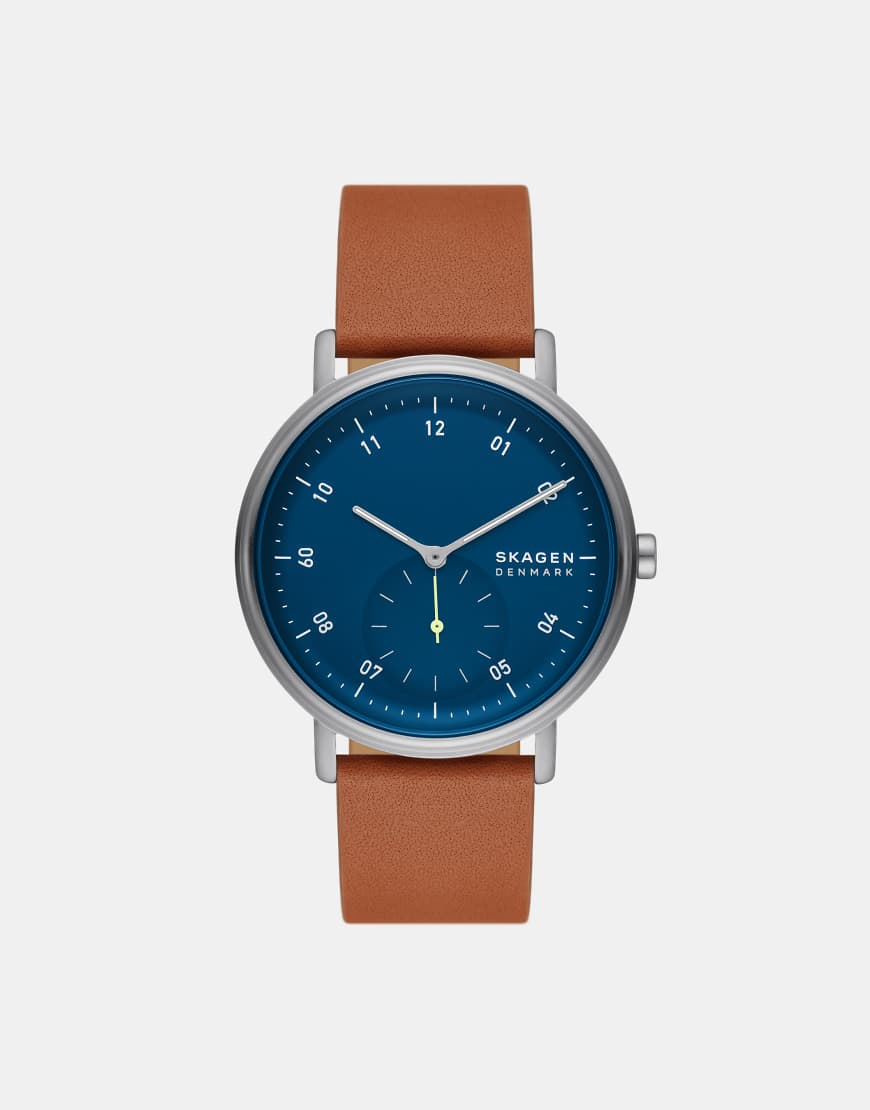 Skagen - Kuppel - Herrenuhr aus silberfarbenem Edelstahl mit braunem Armband, zwei Zeigern und Untersekunde von Skagen